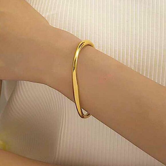Gold Irregular Geometric Bangle Bracelet, Cuff, Gold Plated - Picture 4 of 5